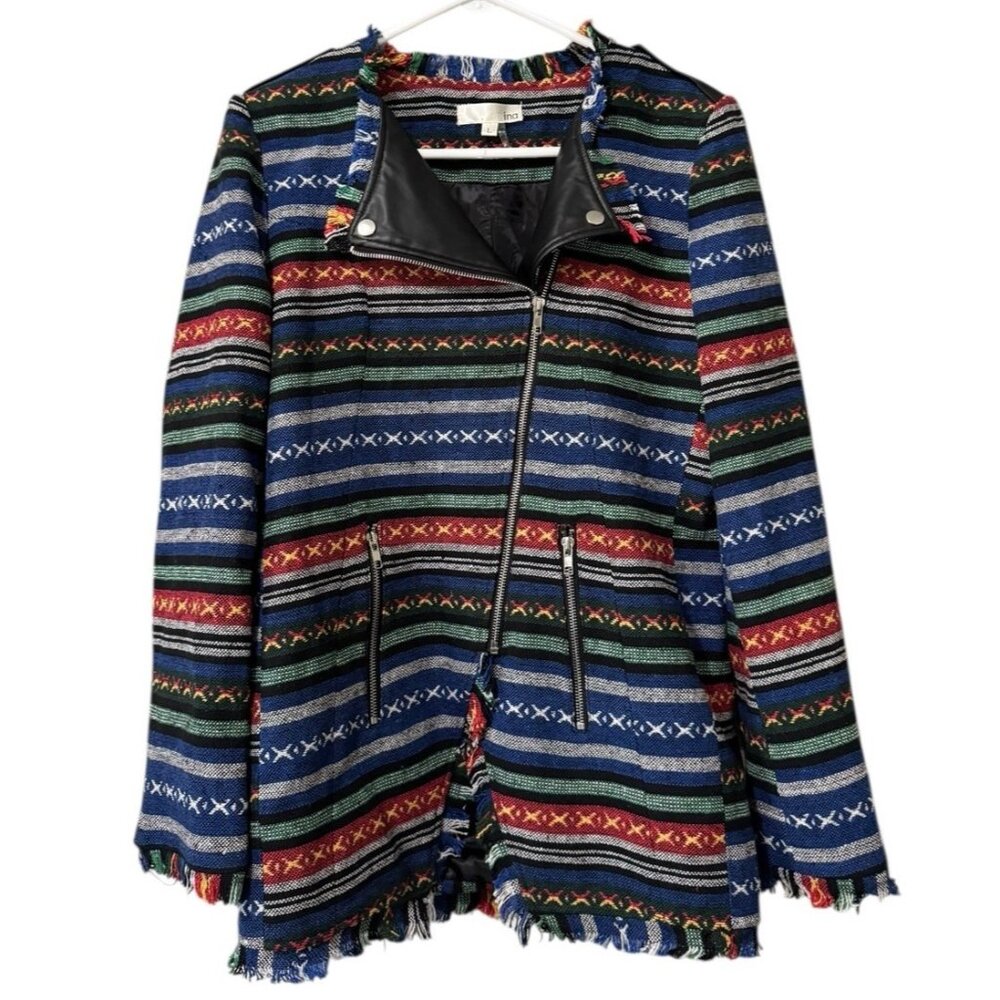 Priina Women Size Large Aztec Western Country Zip Pockets Fringe‎ Full Zip Artsy